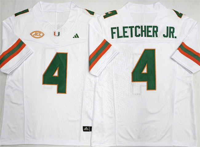 Men's Miami Hurricanes 4 Mark Fletcher Jr. White F.U.S.E. 2026 Stitched Football Jersey