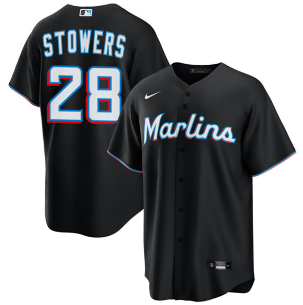 Men's Miami Marlins 28 Kyle Stowers Black Cool Base Stitched Baseball Jersey