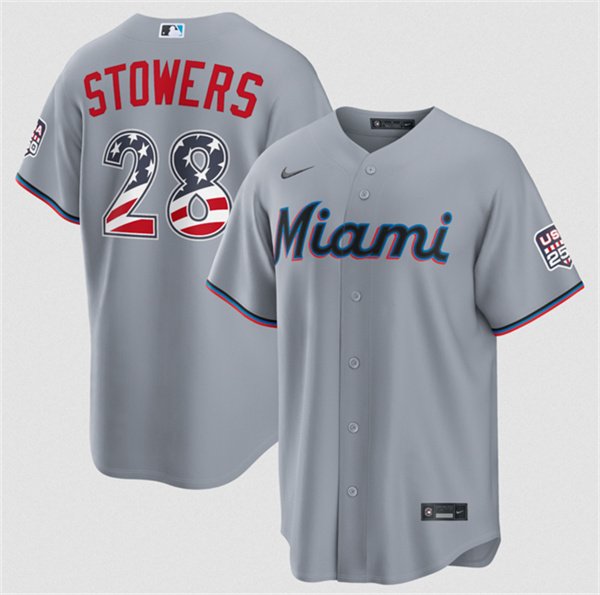 Men's Miami Marlins 28 Kyle Stowers Gray USA 250 Fourth of July Home Stitched Baseball Jersey Men's Miami Marlins 28 Kyle Stowers Gray USA 250 Fourth of July Home Stitched Baseball Jersey