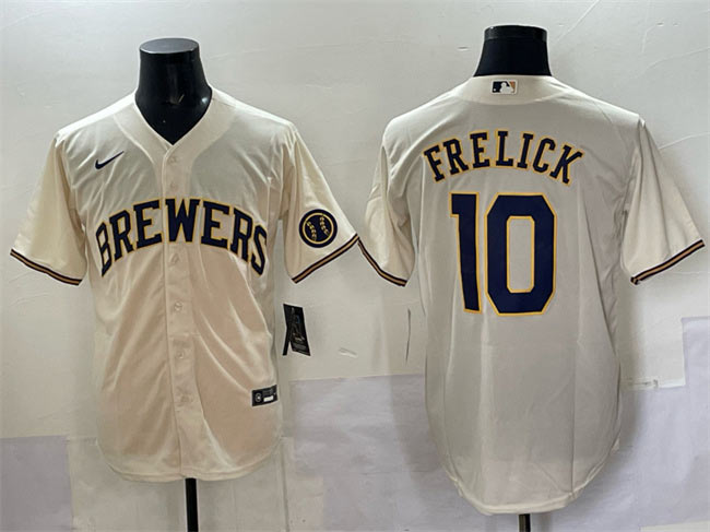 Men's Milwaukee Brewers 10 Sal Frelick Cream Cool Base Stitched Jersey