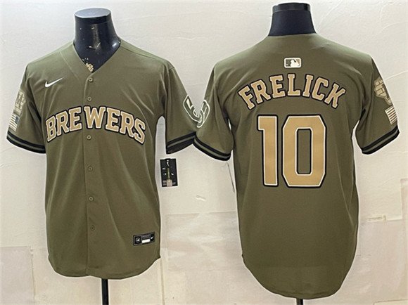 Men's Milwaukee Brewers 10 Sal Frelick Olive 2026 Armed Forces Day Stitched Baseball Jersey