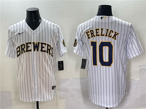 Men's Milwaukee Brewers 10 Sal Frelick White Pinstripe 2025 With Patch Stitched Baseball Jersey