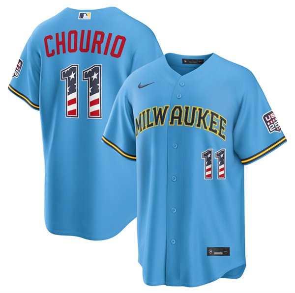 Men's Milwaukee Brewers 11 Jackson Chourio Blue 2026 USA 250 Fourth of July Home Stadium Stitched Baseball Jersey