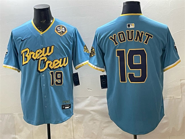Men's Milwaukee Brewers 19 Robin Yount Powder Blue City Connect With Home & Bob Uecker Patch Limited Stitched Baseball Jersey