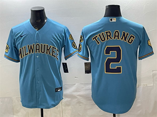 Men's Milwaukee Brewers 2 Brice Turang Blue With Home & Bob Uecker Patch Stitched Baseball Jersey