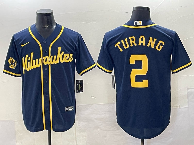 Men's Milwaukee Brewers 2 Brice Turang Navy 2025 With Patch Stitched Baseball Jersey