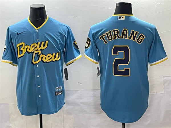 Men's Milwaukee Brewers 2 Brice Turang Powder Blue City Connect Cool Base Stitched Jersey