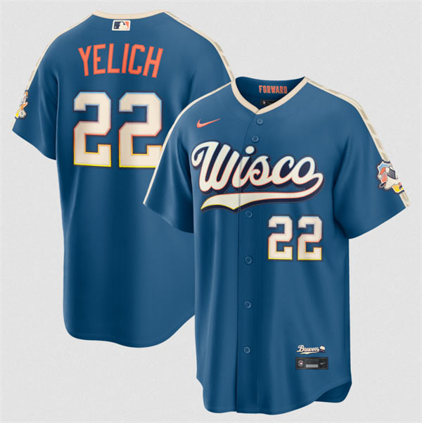 Men's Milwaukee Brewers 22 Christian Yelich Mineral Blue 2026 City Connect Stadium Stitched Stitched Baseball Jersey