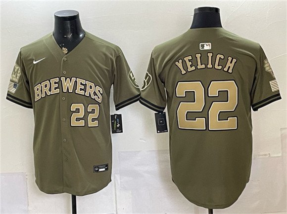 Men's Milwaukee Brewers 22 Christian Yelich Olive 2026 Armed Forces Day Stitched Baseball Jersey
