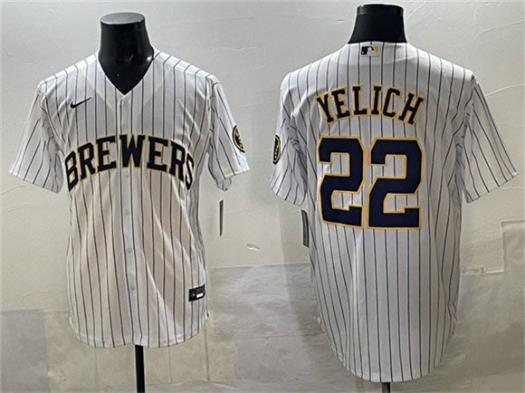 Men's Milwaukee Brewers 22 Christian Yelich White Pinstripe 2025 With Patch Stitched Jersey