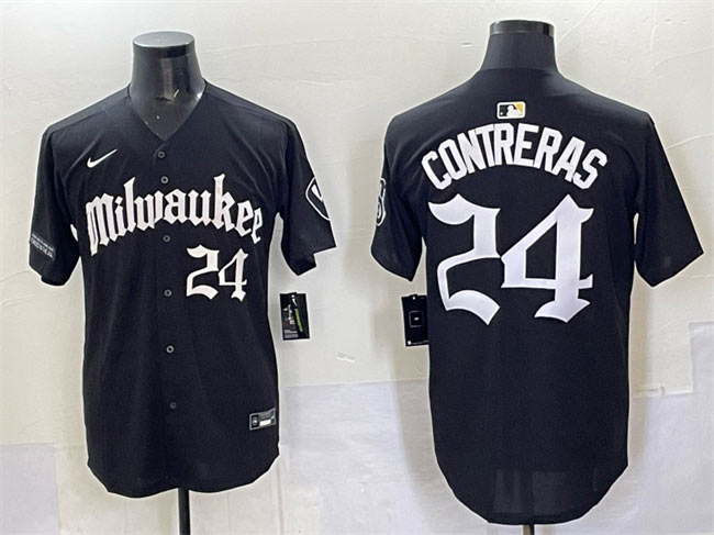 Men's Milwaukee Brewers 24 William Contreras Black 'Gothic 414 Shadows Edition' Vapor Premier Limited Stitched Jersey