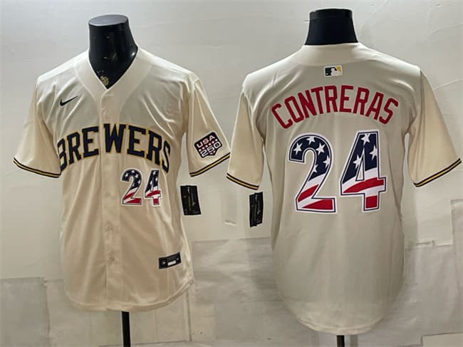 Men's Milwaukee Brewers 24 William Contreras Cream 2026 USA 250 Fourth of July Home Stadium Stitched Baseball Jersey Men's Milwaukee Brewers 24 William Contreras Cream 2026 USA 250 Fourth of July Home Stadium Stitched Baseball Jersey