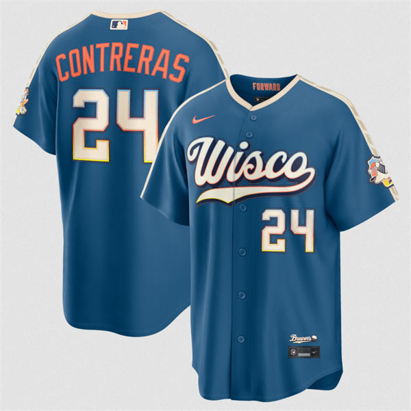 Men's Milwaukee Brewers 24 William Contreras Mineral Blue 2026 City Connect Stadium Stitched Stitched Baseball Jersey