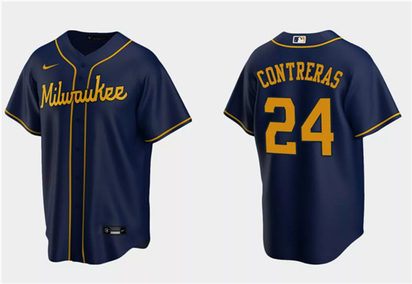 Men's Milwaukee Brewers 24 William Contreras Navy Cool Base Stitched Jersey
