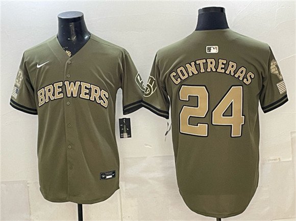 Men's Milwaukee Brewers 24 William Contreras Olive 2026 Armed Forces Day Stitched Baseball Jersey