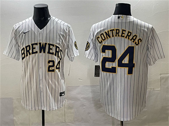 Men's Milwaukee Brewers 24 William Contreras White Pinstripe 2025 With Patch Stitched Stitched Jersey