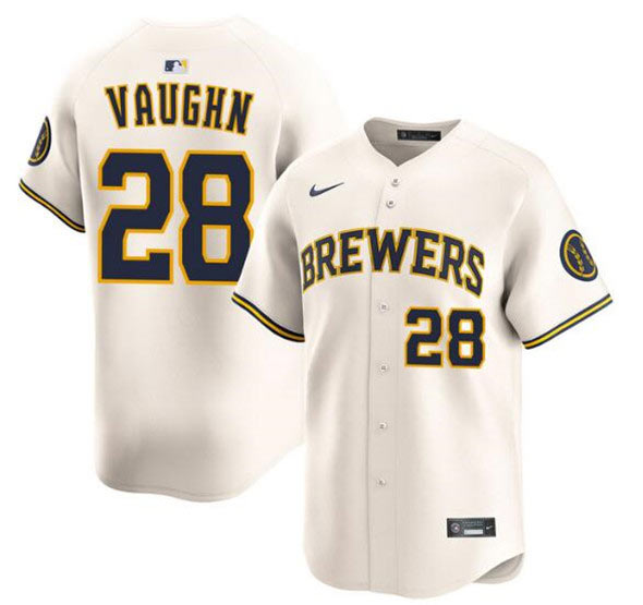 Men's Milwaukee Brewers 28 Andrew Vaughn Cream Limited Stitched Baseball Jersey