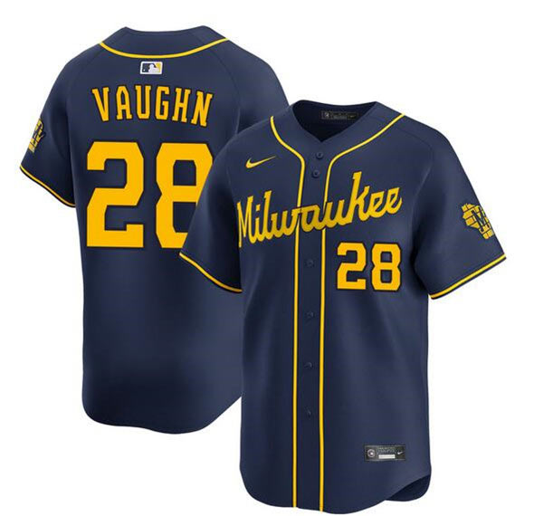 Men's Milwaukee Brewers 28 Andrew Vaughn Navy Alternate Limited Stitched Baseball Jersey