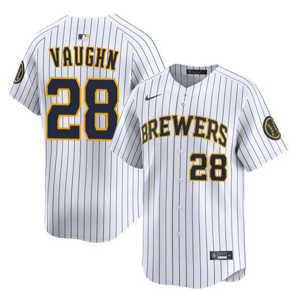 Men's Milwaukee Brewers 28 Andrew Vaughn White Alternate Limited Stitched Baseball Jersey