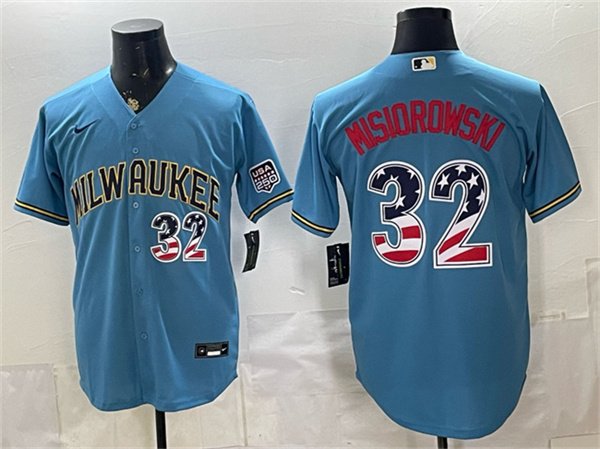 Men's Milwaukee Brewers 32 Jacob Misiorowski Blue 2026 USA 250 Fourth of July Home Stadium Stitched Baseball Jersey