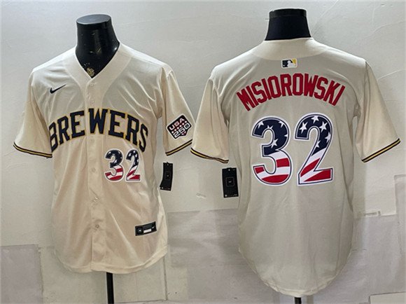 Men's Milwaukee Brewers 32 Jacob Misiorowski Cream 2026 USA 250 Fourth of July Home Stadium Stitched Baseball Jersey Men's Milwaukee Brewers 32 Jacob Misiorowski Cream 2026 USA 250 Fourth of July Home Stadium Stitched Baseball Jersey