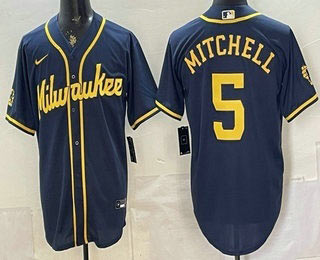 Men's Milwaukee Brewers 5 Garrett Mitchell Navy Blue Stitched Cool Base Jersey