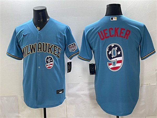 Men's Milwaukee Brewers 9 Bob Uecker Blue 2026 USA 250 Fourth of July Home Stadium Stitched Baseball Jersey