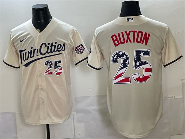 Men's Minnesota Twins 25 Byron Buxton Cream 2026 USA 250 Fourth of July Stitched Baseball Jersey Men's Minnesota Twins 25 Byron Buxton Cream 2026 USA 250 Fourth of July Stitched Baseball Jersey