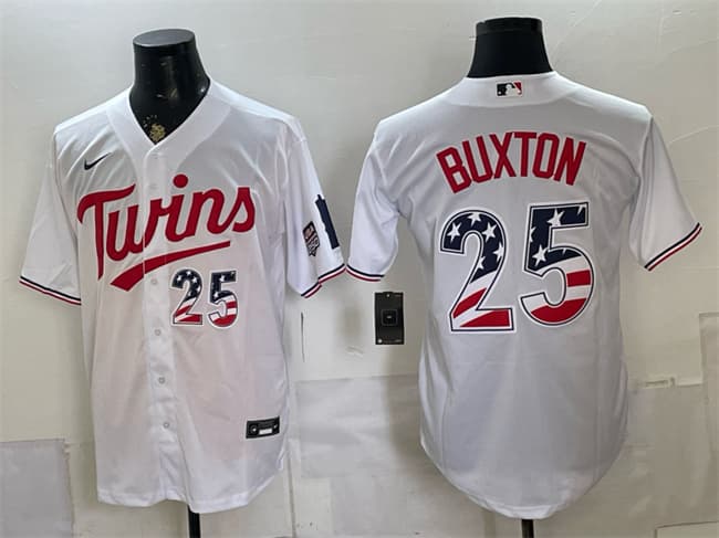 Men's Minnesota Twins 25 Byron Buxton White 2026 USA 250 Fourth of July Stitched Baseball Jersey Men's Minnesota Twins 25 Byron Buxton White 2026 USA 250 Fourth of July Stitched Baseball Jersey