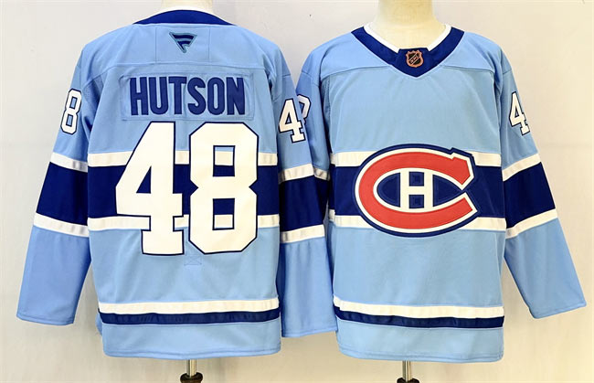 Men's Montreal Canadiens 48 Lane Hutson Blue 2023 24 Reverse Retro Stitched Jersey