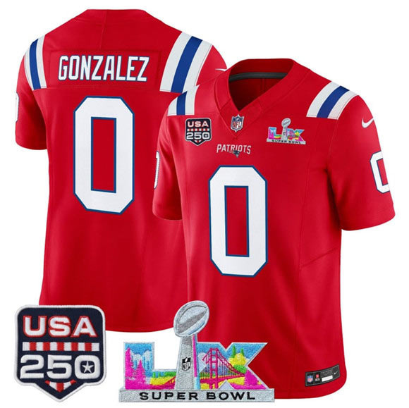Men's New England Patriots 0 Christian Gonzalez Red 2025 F.U.S.E. Super Bowl LX Patch And USA 250' Patch Vapor Limited Football Stitched Jersey