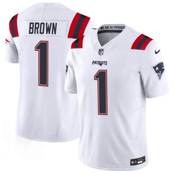 Men's New England Patriots 1 A J Brown White 2026 F U S E Vapor Limited Football Stitched Jersey Men's New England Patriots 1 A J Brown White 2026 F U S E Vapor Limited Football Stitched Jersey