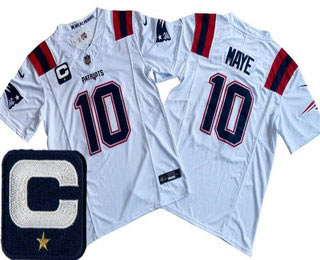 Men's New England Patriots 10 Drake Maye Limited White Captain Patch FUSE Vapor Jersey