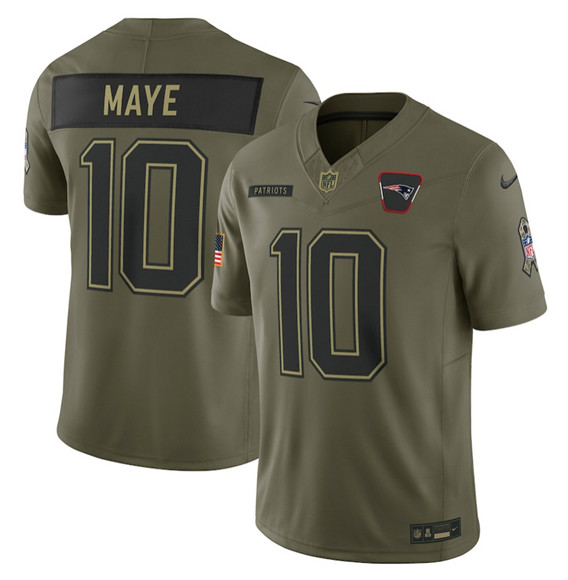 Men's New England Patriots 10 Drake Maye Olive 2025 Salute to Service Limited Football Stitched Jersey