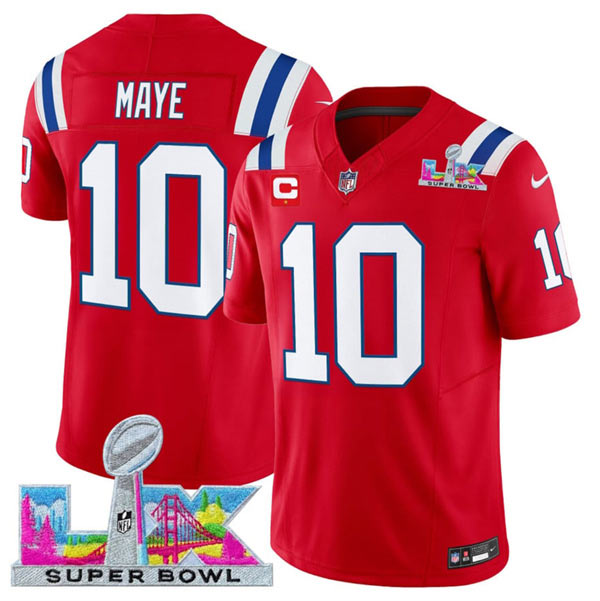 Men's New England Patriots 10 Drake Maye Red 2025 F.U.S.E. Super Bowl LX Patch And 1 Star C Patch Vapor Limited Football Stitched Jersey