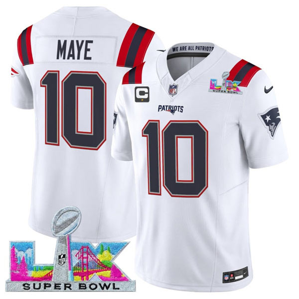 Men's New England Patriots 10 Drake Maye White 2025 F.U.S.E. Super Bowl LX Patch And 1 Star C Patch Vapor Limited Football Stitched Jersey