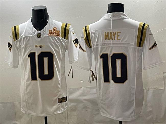 Men's New England Patriots 10 Drake Maye White Gold 2025 F.U.S.E. Super Bowl LX Patch Vapor Limited Stitched Football Jersey
