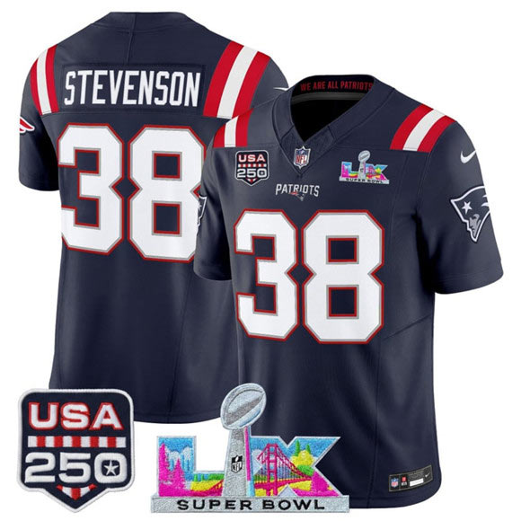 Men's New England Patriots 38 Rhamondre Stevenson Navy 2025 F.U.S.E. Super Bowl LX Patch And USA 250' Patch Vapor Limited Football Stitched Jersey