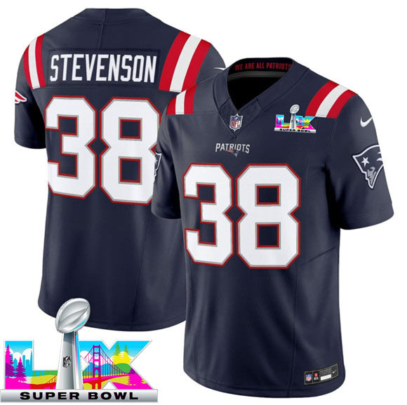 Men's New England Patriots 38 Rhamondre Stevenson Navy 2025 F.U.S.E. Super Bowl LX Patch Vapor Limited Football Stitched Jersey