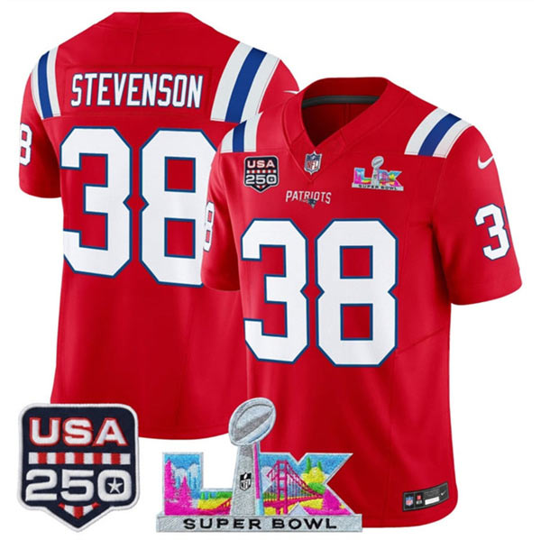 Men's New England Patriots 38 Rhamondre Stevenson Red 2025 F.U.S.E. Super Bowl LX Patch And USA 250' Patch Vapor Limited Football Stitched Jersey