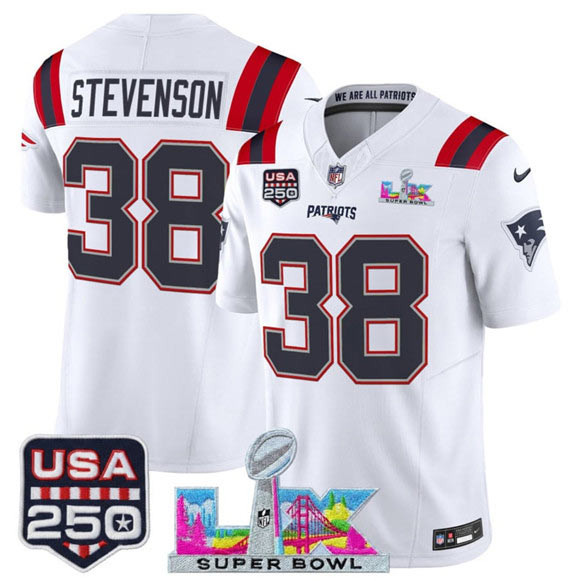Men's New England Patriots 38 Rhamondre Stevenson White 2025 F.U.S.E. Super Bowl LX Patch And USA 250' Patch Vapor Limited Football Stitched Jersey