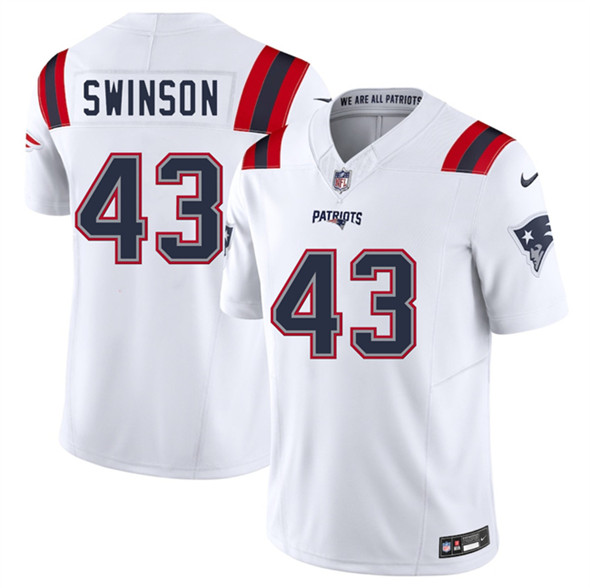 Men's New England Patriots 43 Bradyn Swinson White 2025 F.U.S.E. Vapor Limited Stitched Jersey
