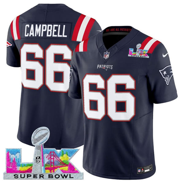 Men's New England Patriots 66 Will Campbell Navy 2025 F.U.S.E. Super Bowl LX Patch Vapor Limited Football Stitched Jersey