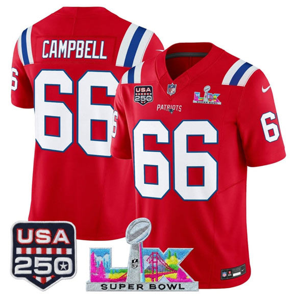 Men's New England Patriots 66 Will Campbell Red 2025 F.U.S.E. Super Bowl LX Patch And USA 250' Patch Vapor Limited Football Stitched Jersey