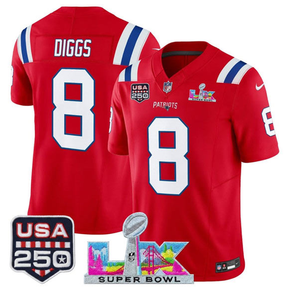 Men's New England Patriots 8 Stefon Diggs Red 2025 F.U.S.E. Super Bowl LX Patch And USA 250' Patch Vapor Limited Football Stitched Jersey