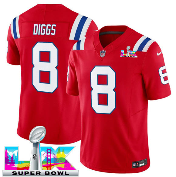 Men's New England Patriots 8 Stefon Diggs Red 2025 F.U.S.E. Super Bowl LX Patch Vapor Limited Football Stitched Jersey