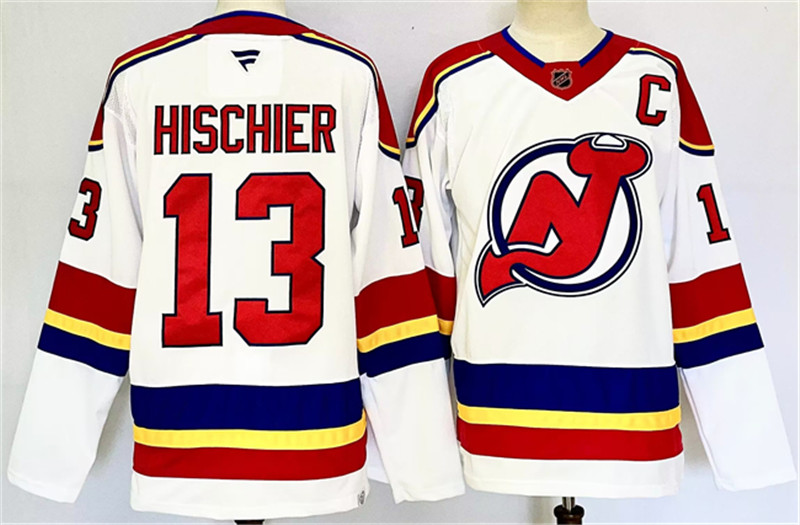 Men's New Jersey Devils 13 Nico Hischier White 2024 25 With C Patch Stitched Hockey Jersey