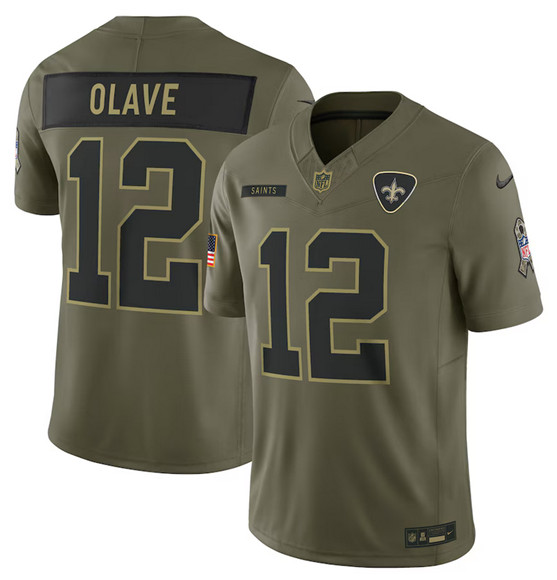 Men's New Orleans Saints 12 Chris Olave Olive 2025 Salute to Service Limited Football Stitched Jersey
