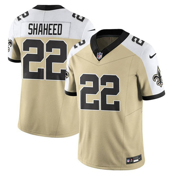 Men's New Orleans Saints 22 Rashid Shaheed Gold White Alternate 2025 F.U.S.E. Vapor Limited Football Stitched Jersey