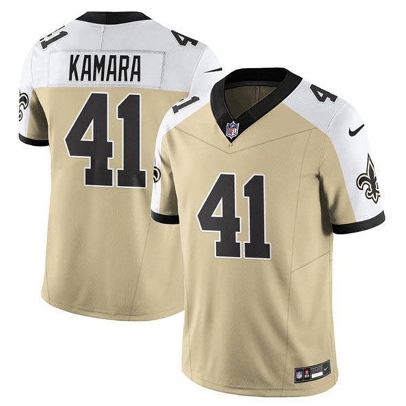 Men's New Orleans Saints 41 Alvin Kamara Gold White Alternate 2025 F.U.S.E. Vapor Limited Football Stitched Jersey